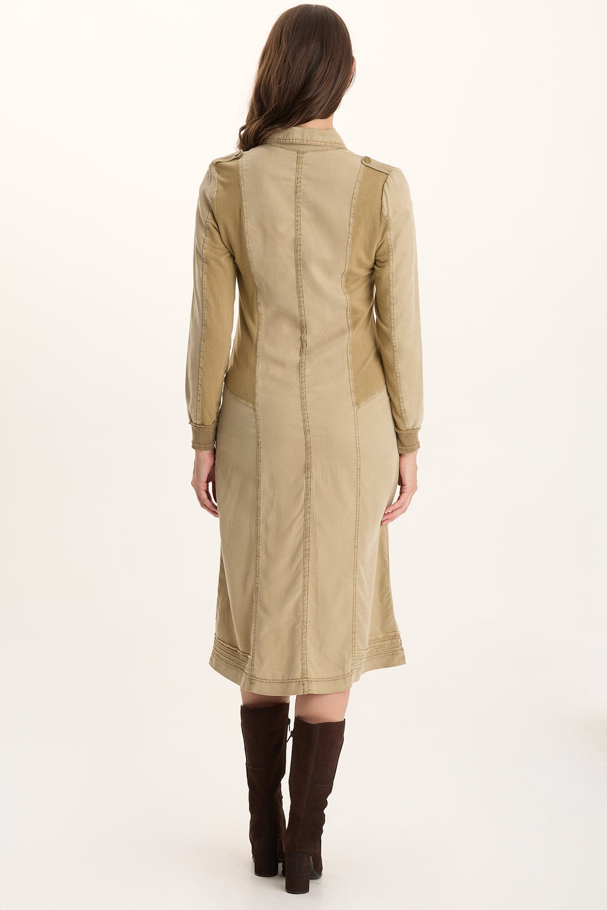 Oksana Twill/Jersey Snap-Up Midi Dress