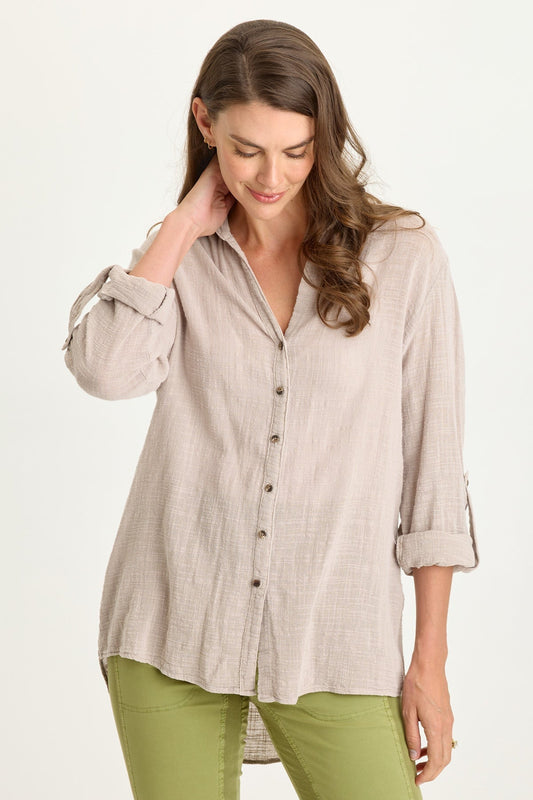 Porter Gauze Curved Hem Button-Up Top