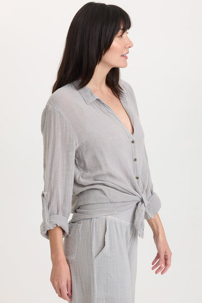 Porter Gauze Curved Hem Button-Up Top