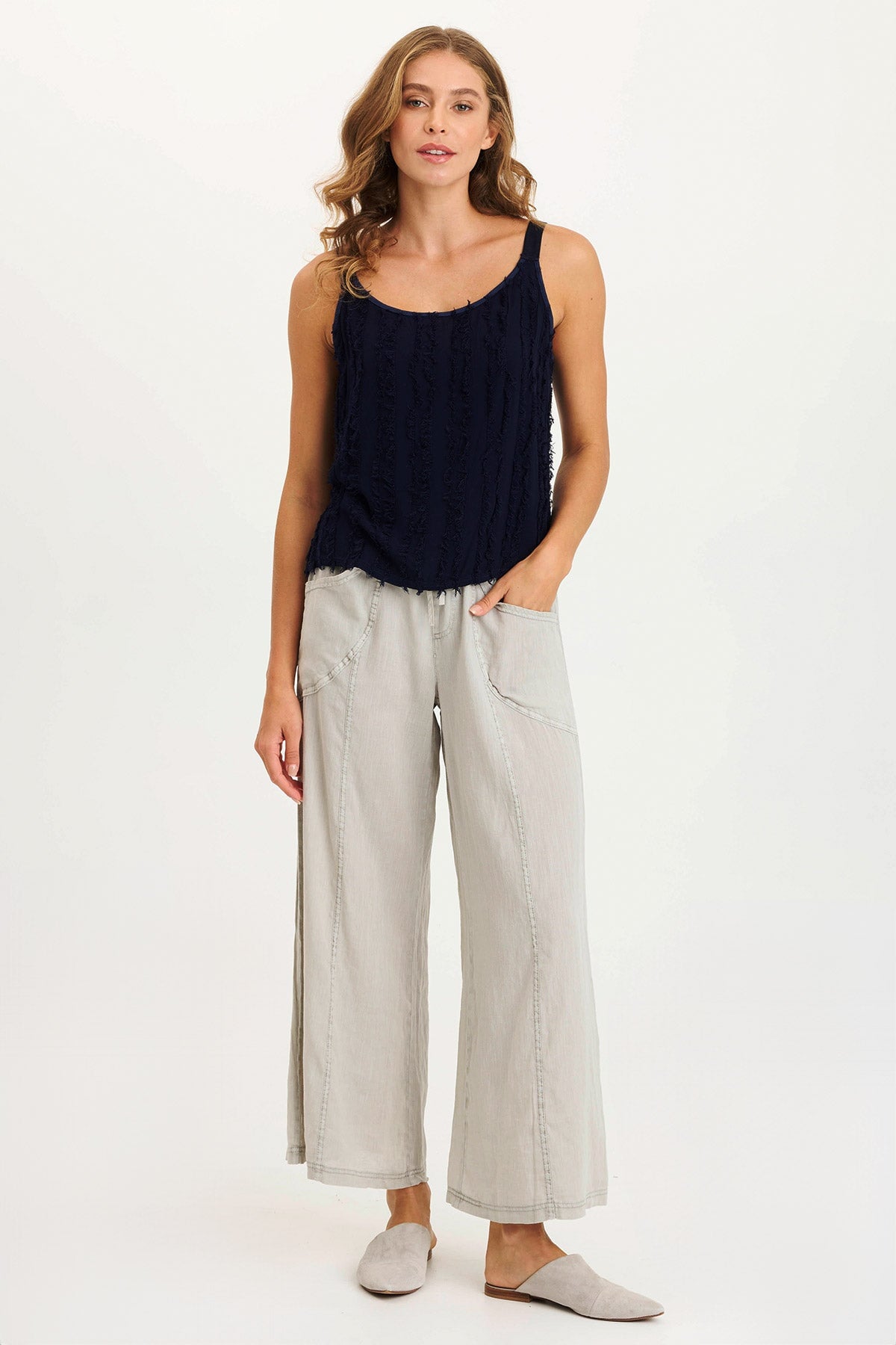 Pia Paper-Bag Waist Linen Wide Leg Pant