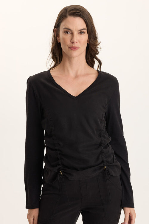 Ketti Long Sleeve Twill/Jersey Ruched V-Neck