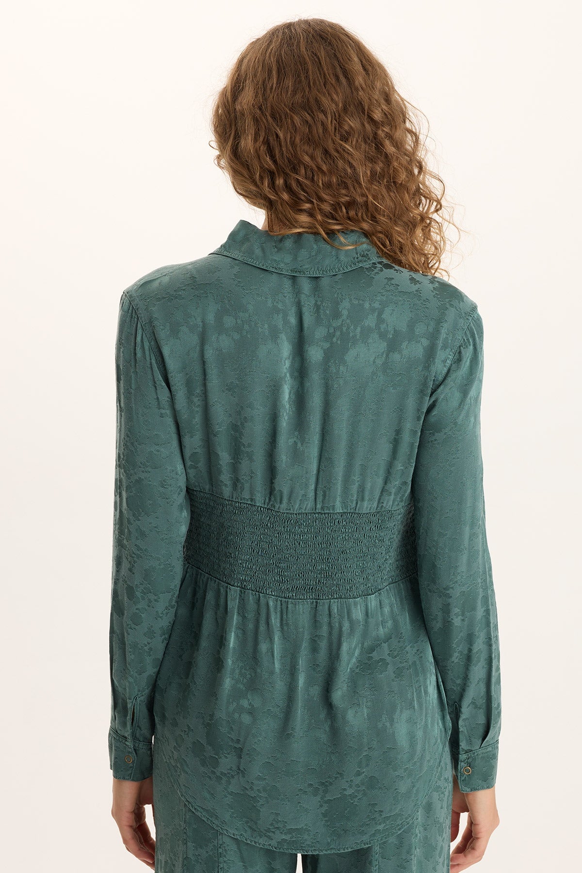 Senneca Textured Satin Shirred Peplum Button-Up Blouse