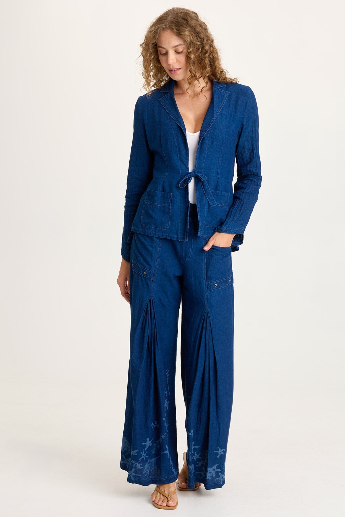 Jerona Printed Indigo Pleated Wide Leg