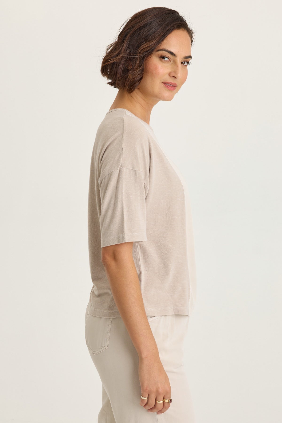 Lino Twill/Jersey Boat Neck Tee
