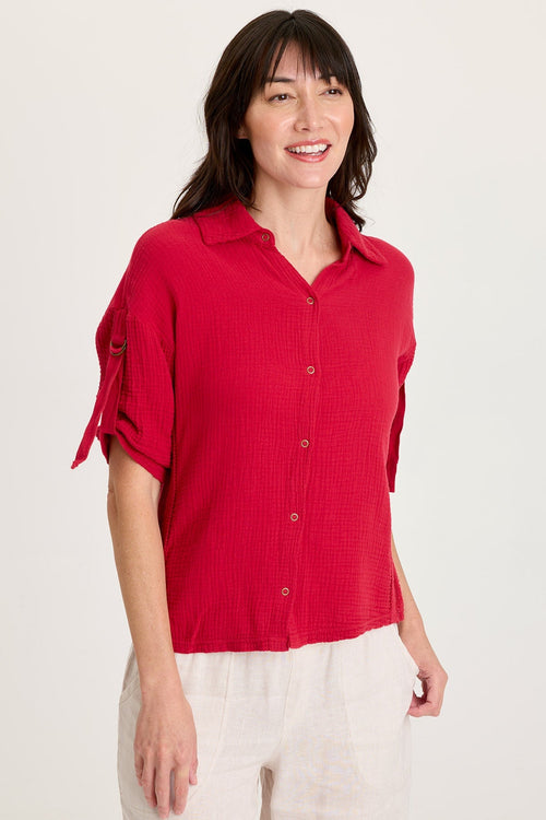 Kaleo Gauze Lace Trim Snap-Up Top
