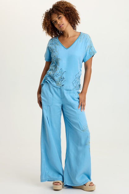 Embroidered Dacia Twill Pleated Pant