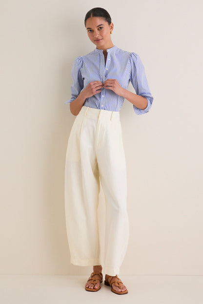 Blue and White Stripe Puffed Shoulder Shirt