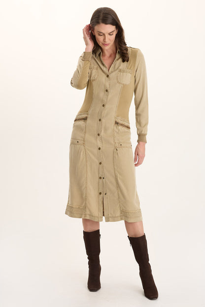 Oksana Twill/Jersey Snap-Up Midi Dress