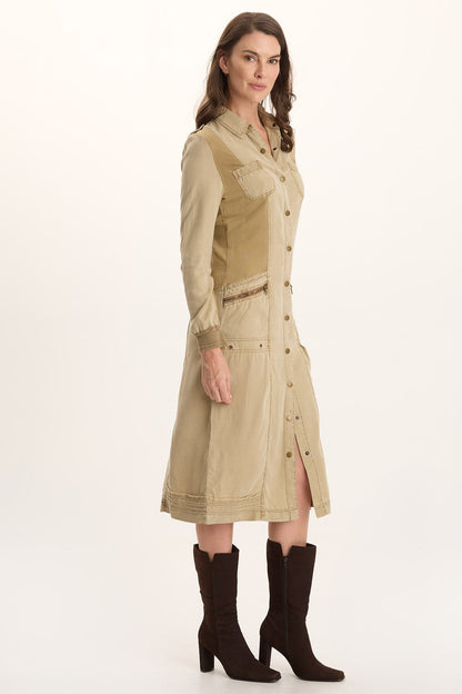 Oksana Twill/Jersey Snap-Up Midi Dress