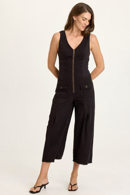 Linette Twill Zip-Up V-Neck Jumpsuit