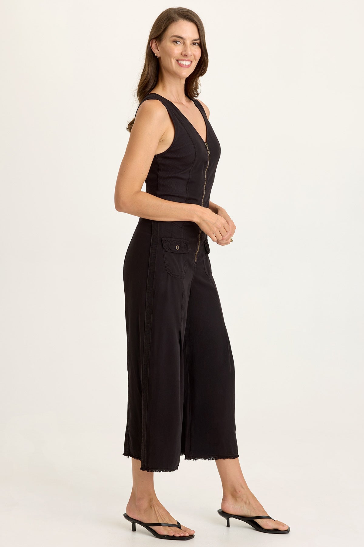 Linette Twill Zip-Up V-Neck Jumpsuit