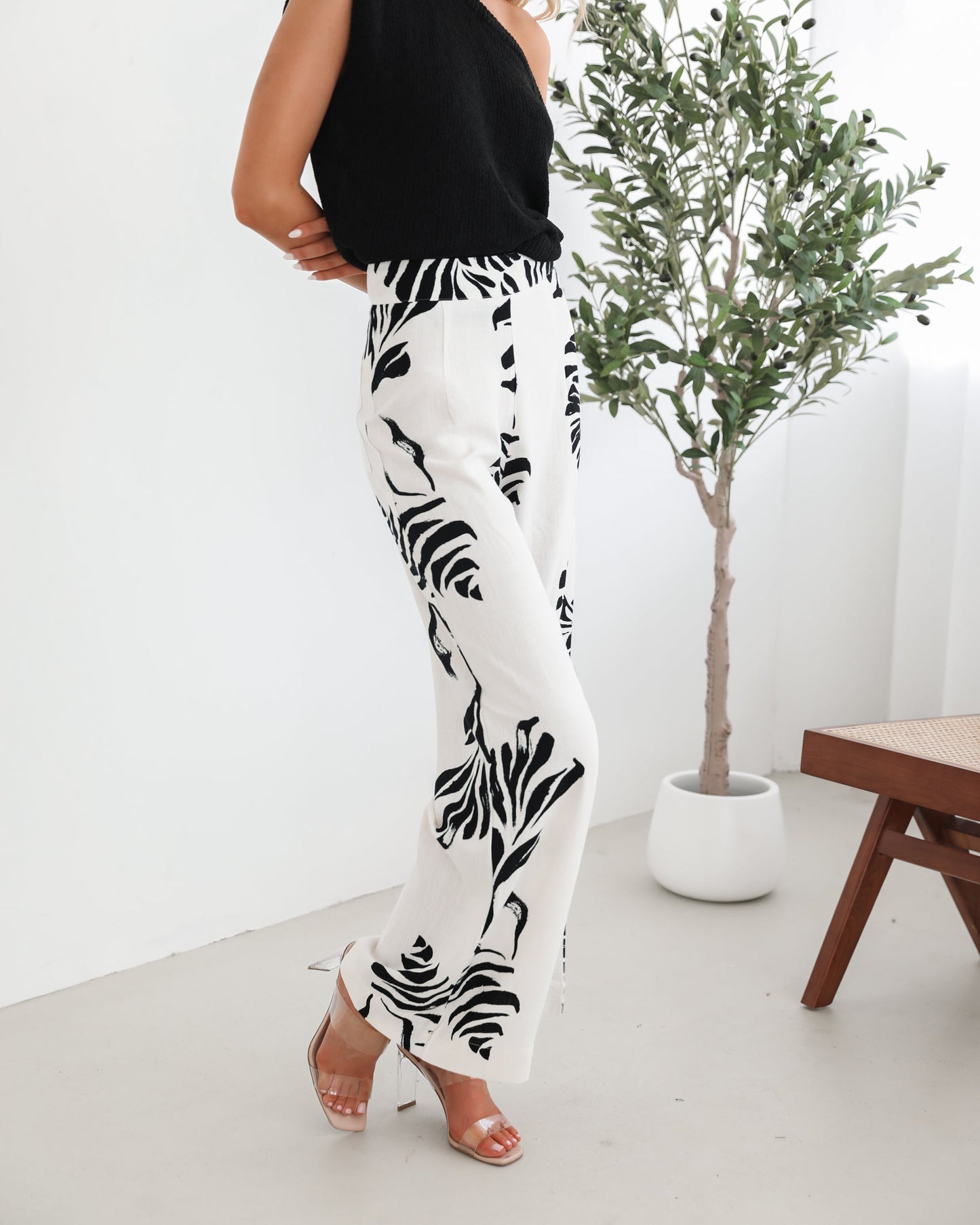 Amelyn White Print Pants | Women's Linen Blend Wide Leg Pants