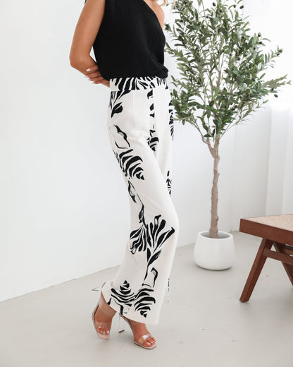 Amelyn White Print Pants | Women's Linen Blend Wide Leg Pants