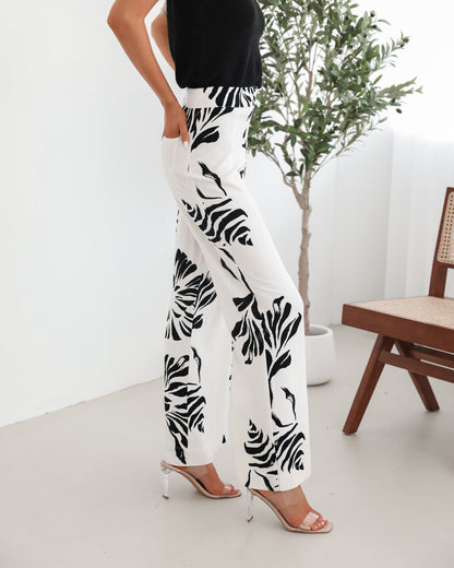 Amelyn White Print Pants | Women's Linen Blend Wide Leg Pants