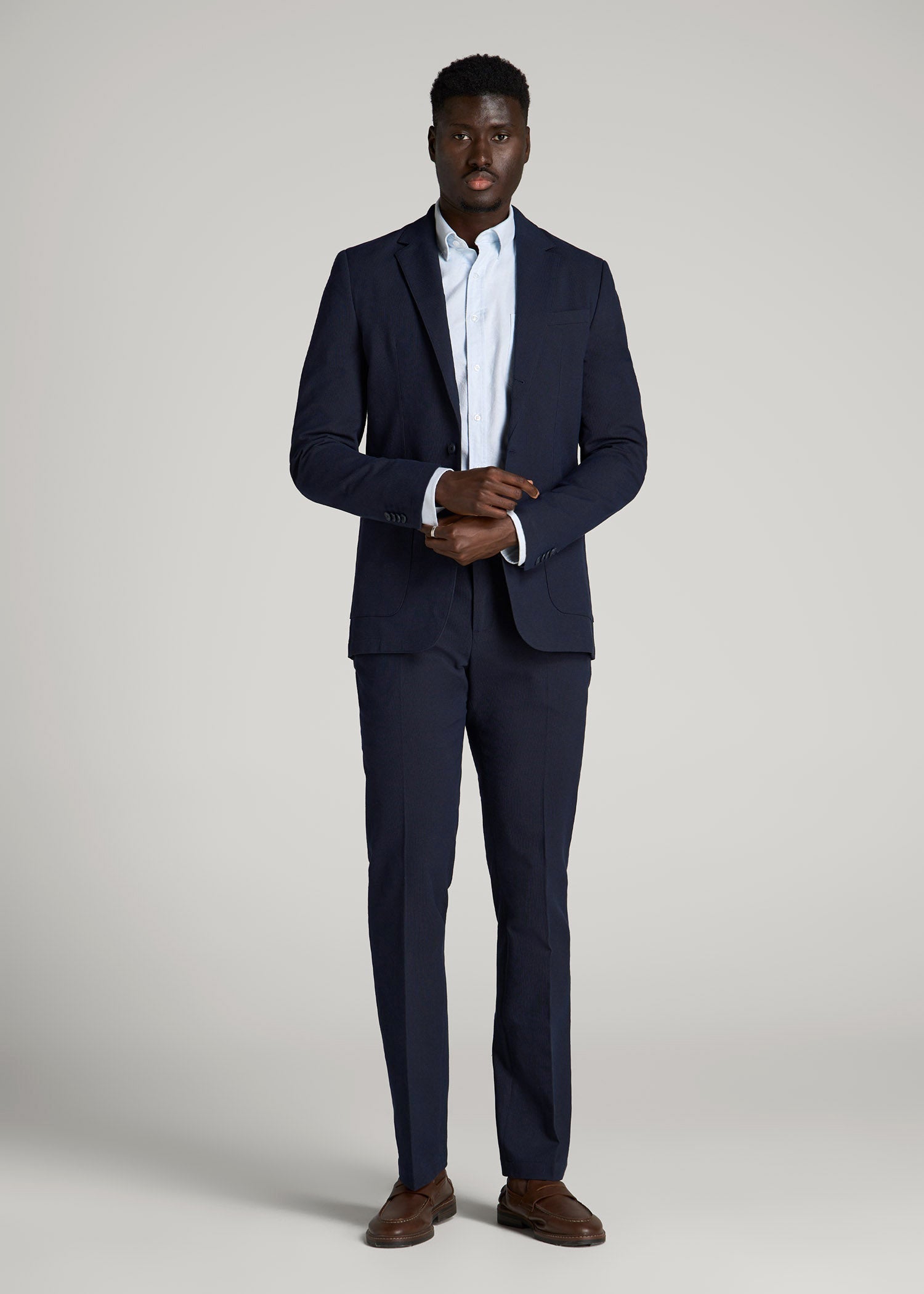 Textured Garment Washed Stretch Cotton Blazer for Tall Men in Evening Blue