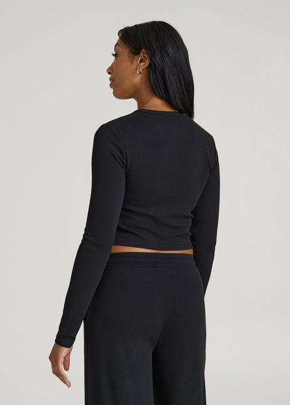 Cropped Long Sleeve Waffle Shirt for Tall Women in Black