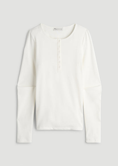 Long Sleeve Ribbed Crewneck Henley Shirt for Tall Women in Cream