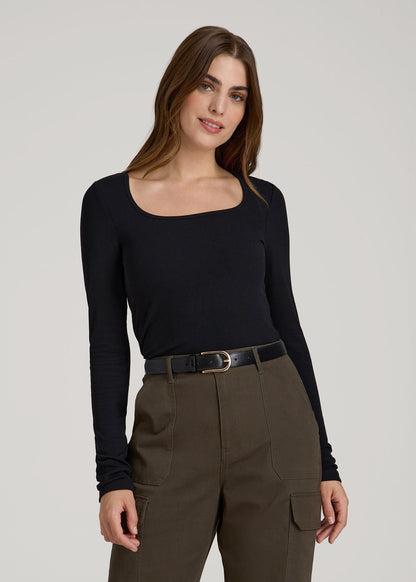 Long Sleeve Ribbed Square Neck Top for Tall Women in Black