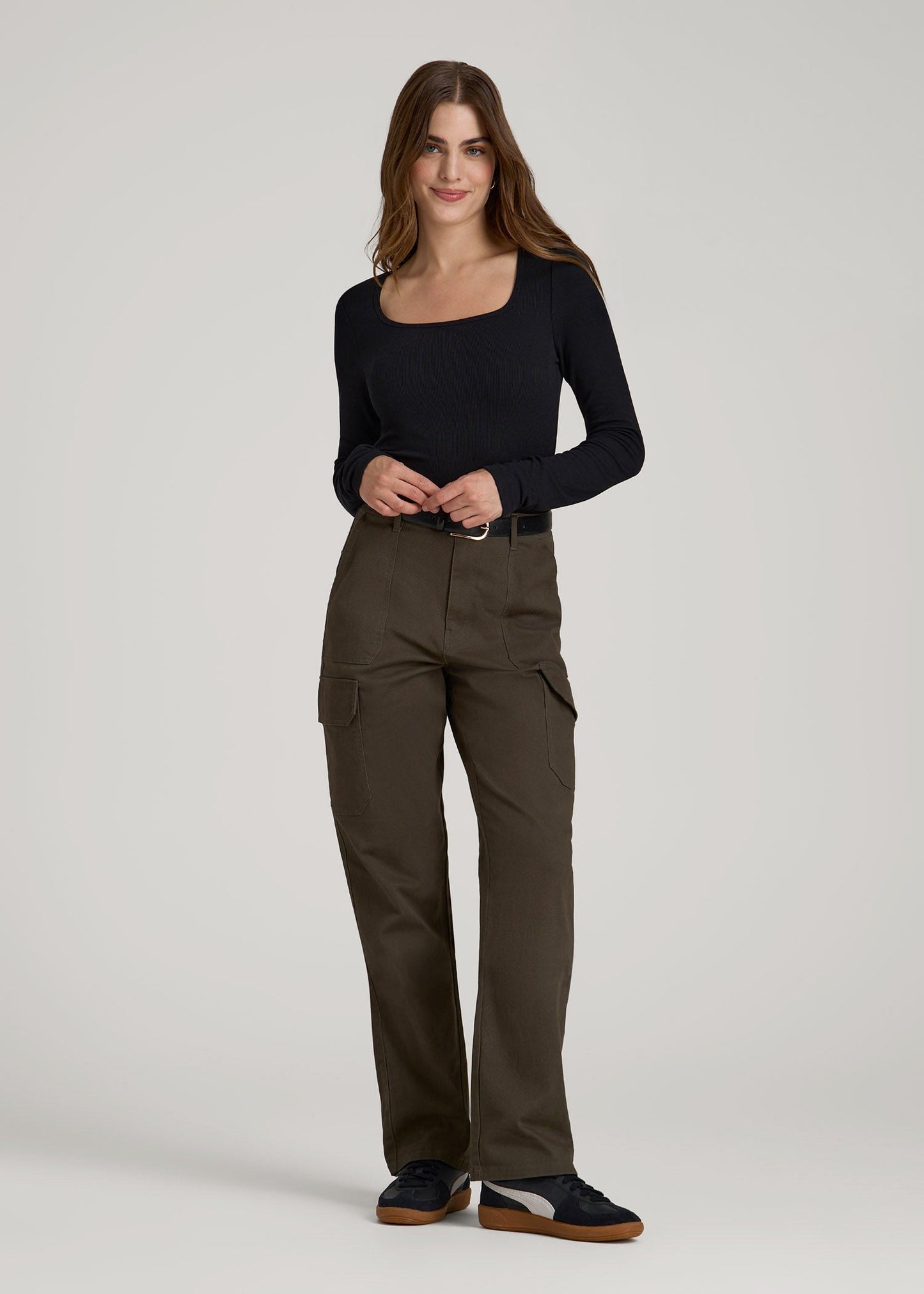 Long Sleeve Ribbed Square Neck Top for Tall Women in Black