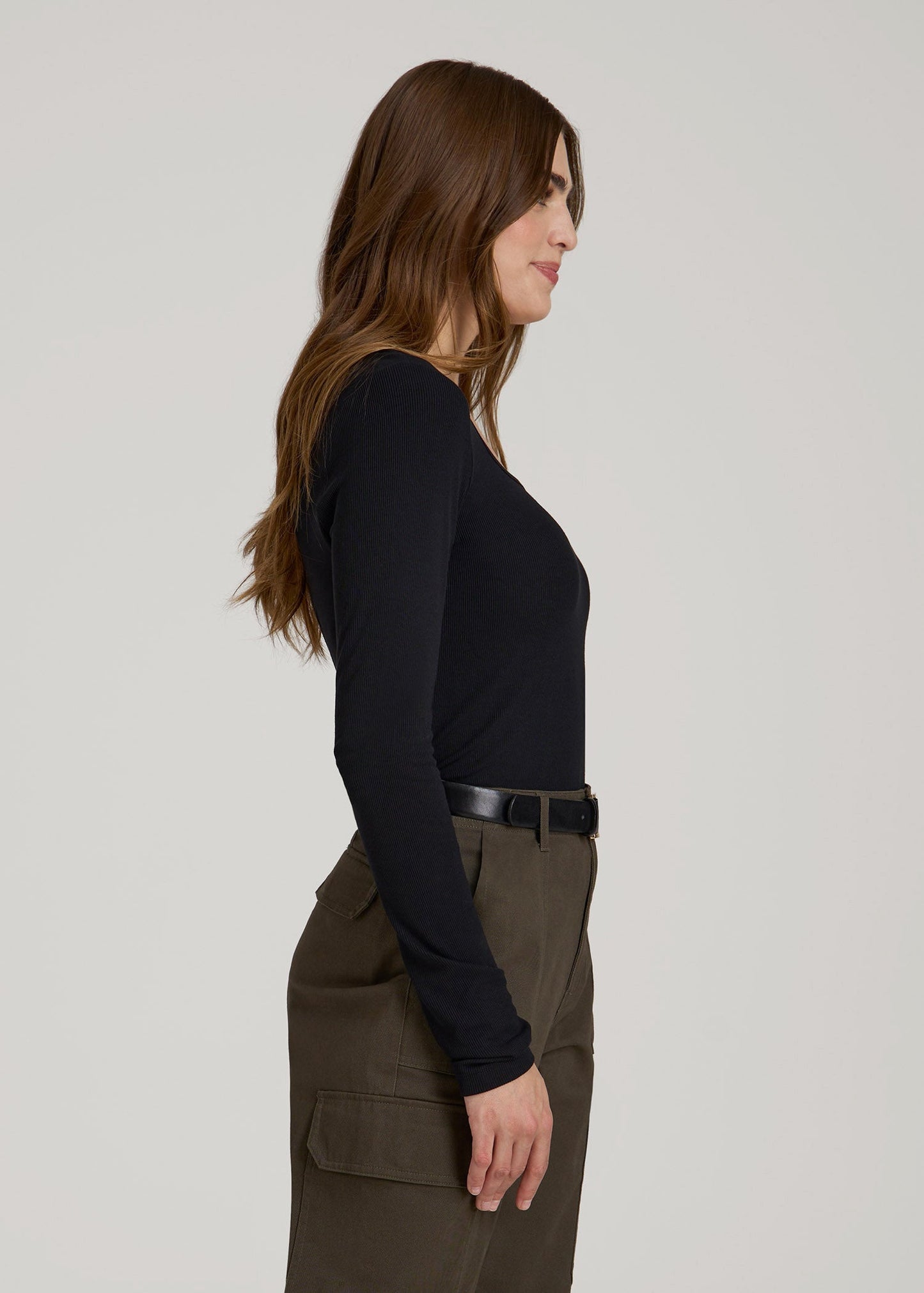 Long Sleeve Ribbed Square Neck Top for Tall Women in Black