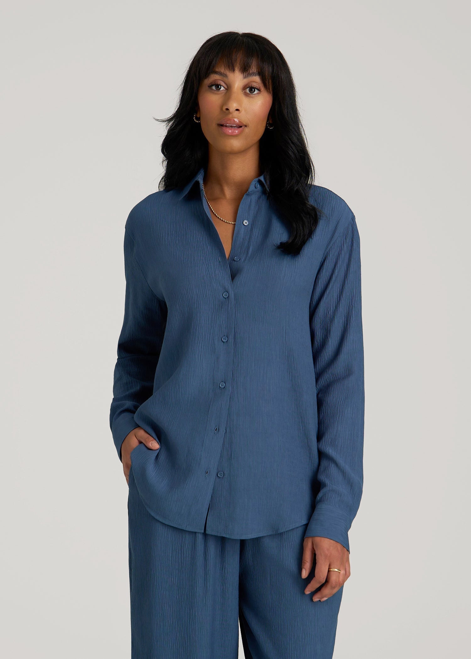 Long Sleeve Crinkle Blouse for Tall Women in Flag Blue