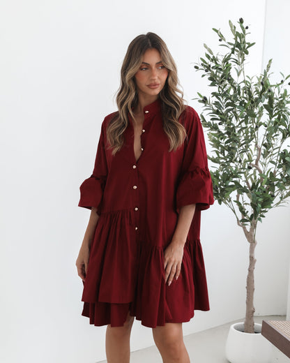 Araina Wine Dress | Women's Shirt Mini Dress