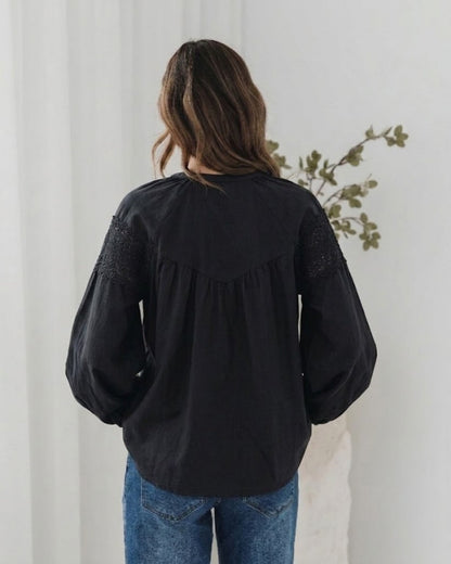 Chenille Black Lace Blouse | Women's Boho Lace Blouse