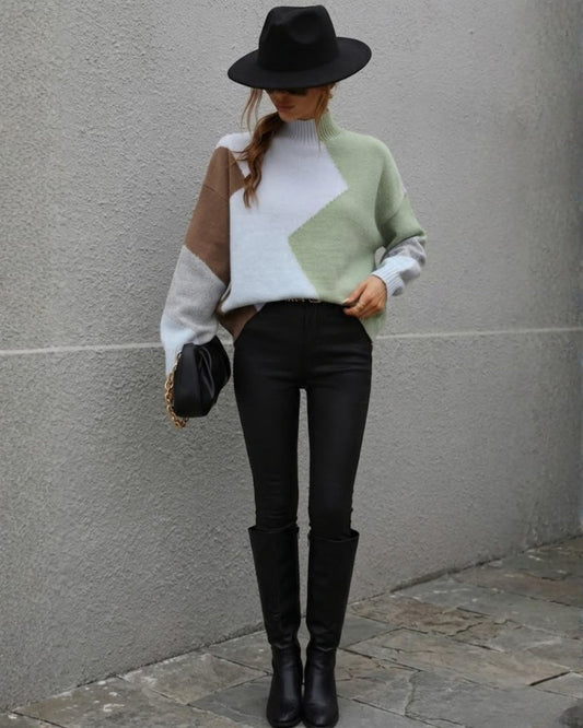 Illeana Knit - Sage Print | Women's Geometric Colour Block Knit Jumper