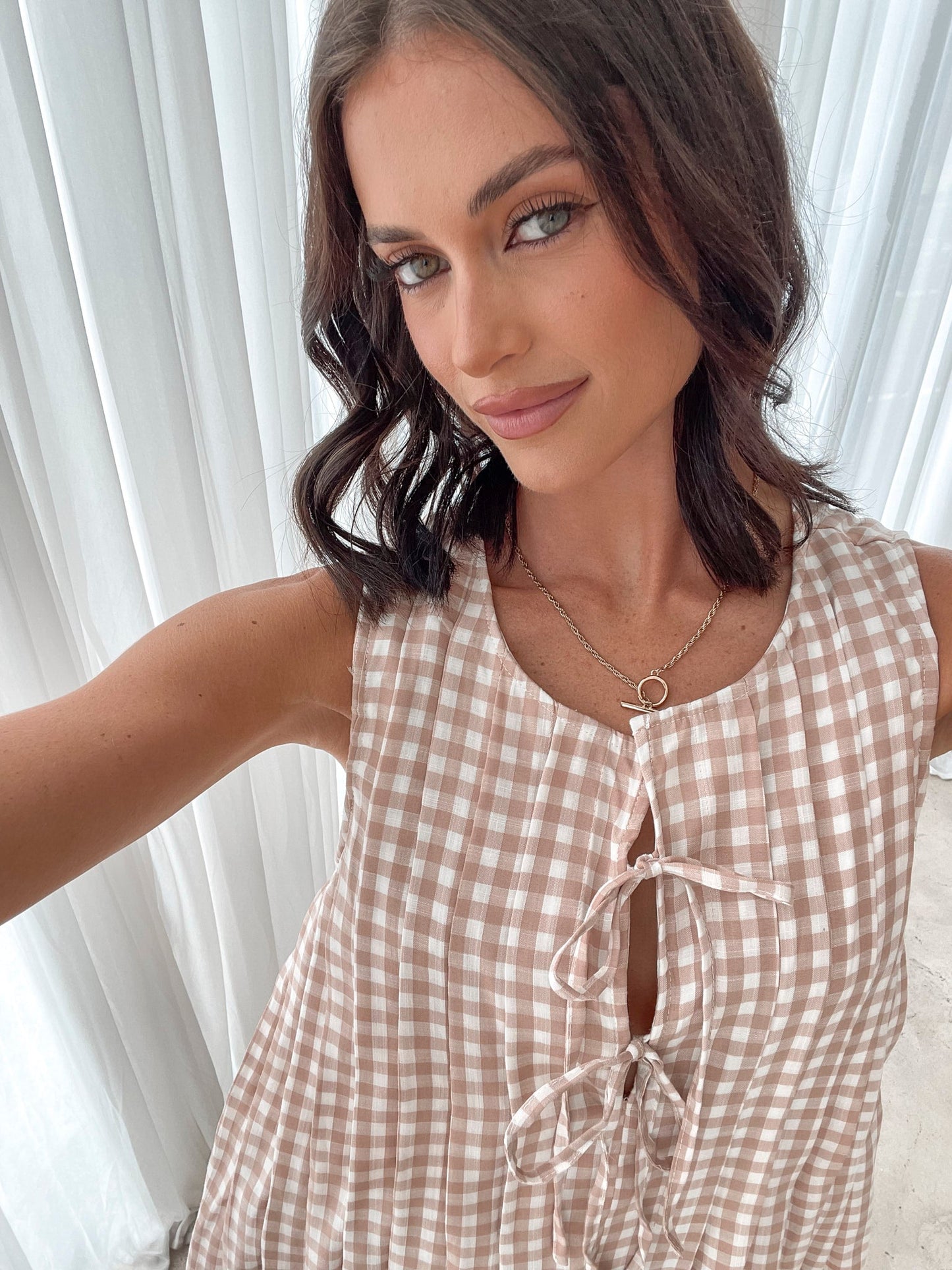 Kearah Beige Gingham Dress | Women's Gingham Midi Dress