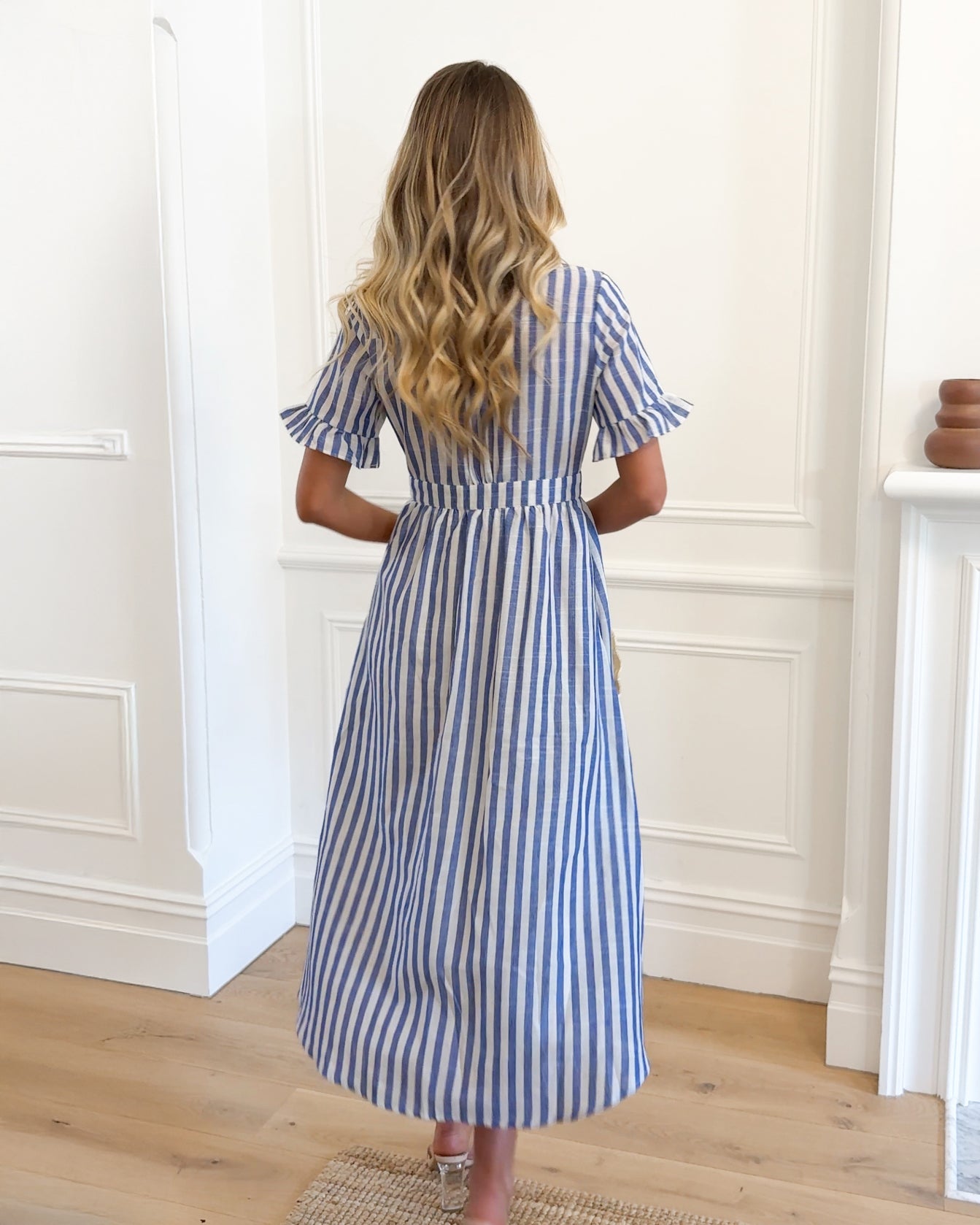 Korbel Dress - Blue Stripe | Women's Linen Stripe Midi Dress