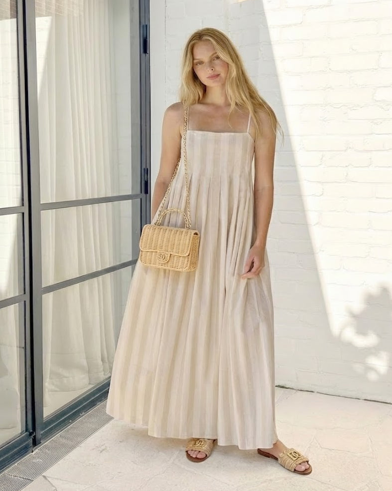 Rhiannon Dress Beige Stripe | Women's Striped Square Neck Maxi Dress