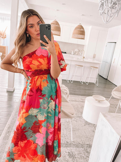 Lakelyn Pink Floral Dress | Women's One Shoulder Midi Dress
