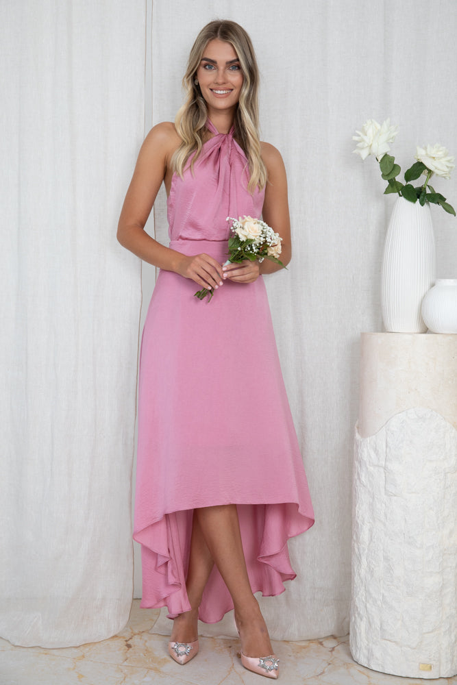 Luvinia Pink Dress | Women's Satin Halter Midi Dress