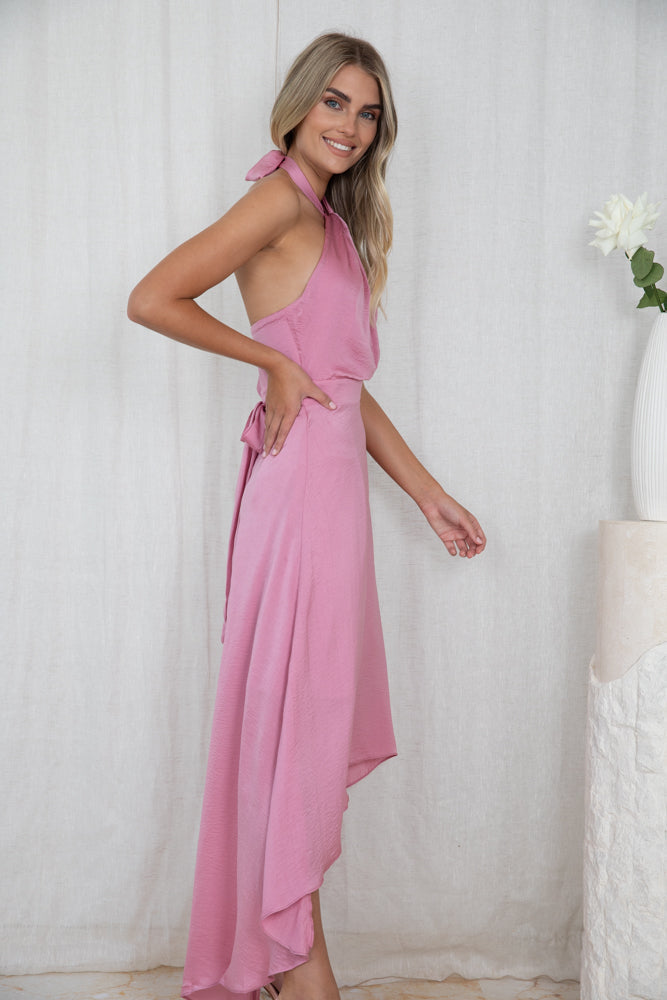 Luvinia Pink Dress | Women's Satin Halter Midi Dress