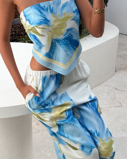 Maleeka Blue Floral Top | Women's Strapless Crop Top