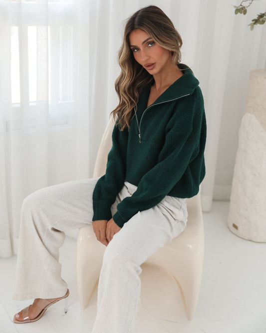 Merete Knit - Dark Green | Women's High Collar Knit Jumper