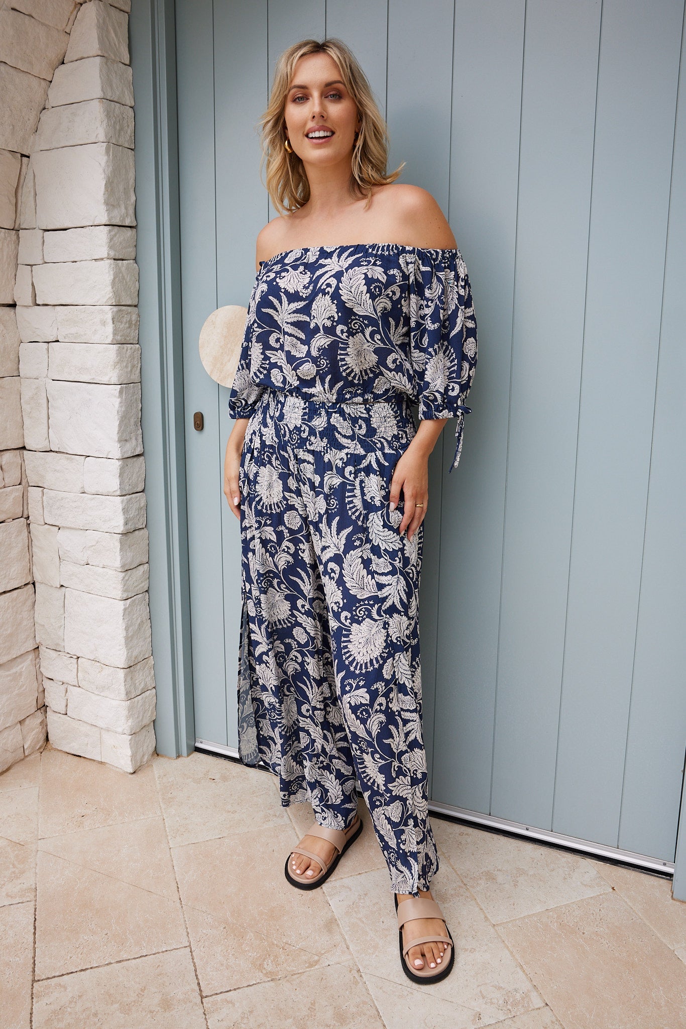 Minda Black Mono Print Pants | Women's Wide Leg Pants