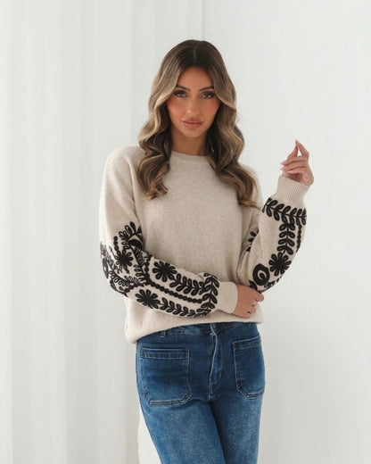 Mohanna Knit Latte | Women's Floral Embroidered Knit Jumper