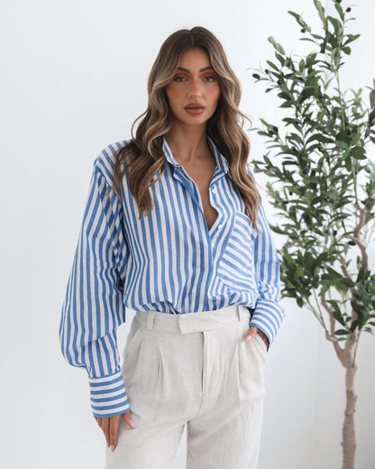 Raiana Blue Stripe Shirt | Women's One Shoulder Shirt