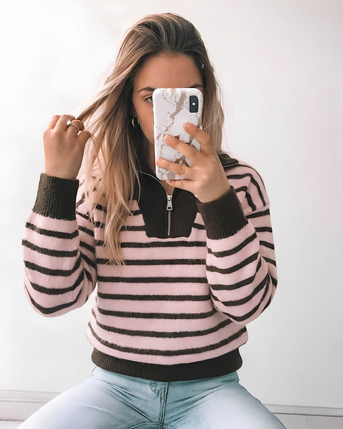 Tanner Pink Stripe Half Zip Knit | Women's Quarter Zip Knit Jumper