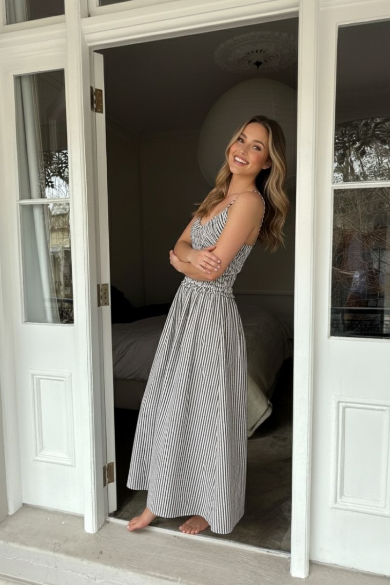 Vionna Dress White Stripe | Women's Striped Smocked Maxi Dress