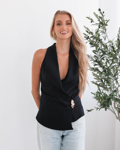 Vittoria Navy Top | Women's Plunge Neck Top