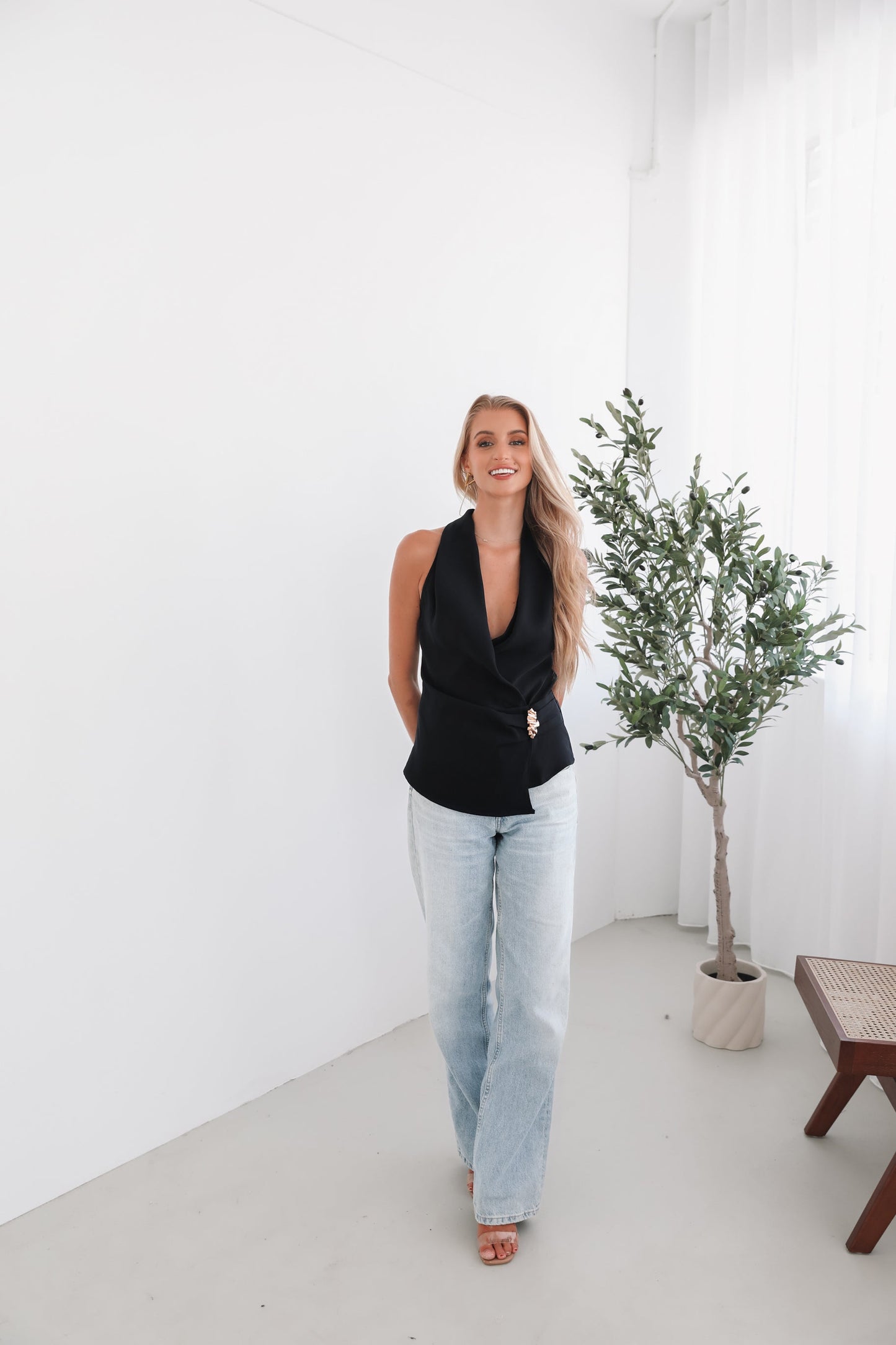 Vittoria Navy Top | Women's Plunge Neck Top