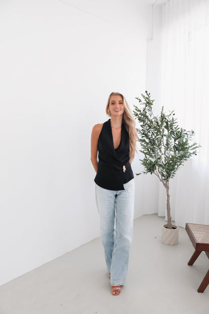 Vittoria Navy Top | Women's Plunge Neck Top
